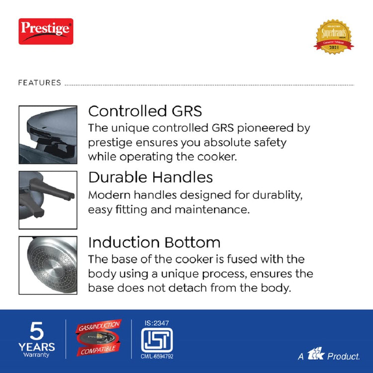 Prestige Deluxe Plus Hard Anodised Aluminium Outer Lid Pressure Cooker Handi, 3 Litres, Black - 20142