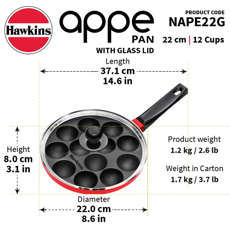 Hawkins Die-Cast Appe Pan | 12 Pits Paniyarakkal With Glass Lid 22cms, Red - NAPE22G