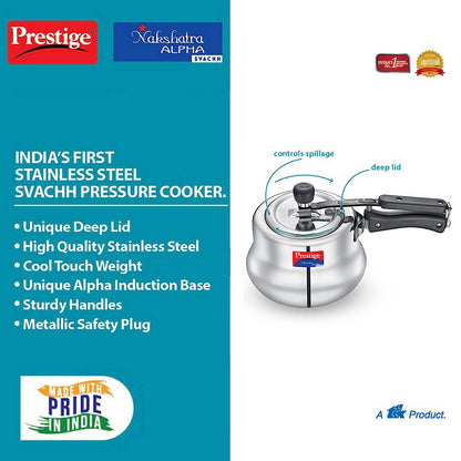 Prestige Nakshatra Alpha Svachh Handi Pressure Cooker, 3.5 Litres, with deep lid for Spillage Control (Inner Lid, Stainless Steel) - 20257