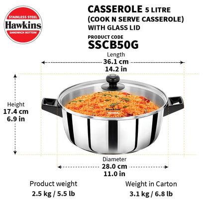 Hawkins 5 Litres Stainless Steel Sandwich Bottom Cook n Serve Casserole with Glass Lid 28cm - SSCB50G