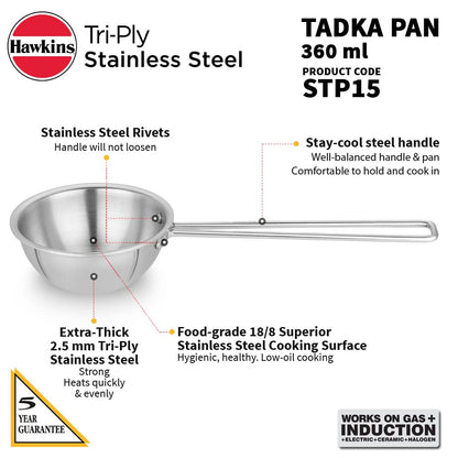 Hawkins Triply Stainless Steel Induction Base Tadka Pan 1.5 Cup || 360 ml - STP15