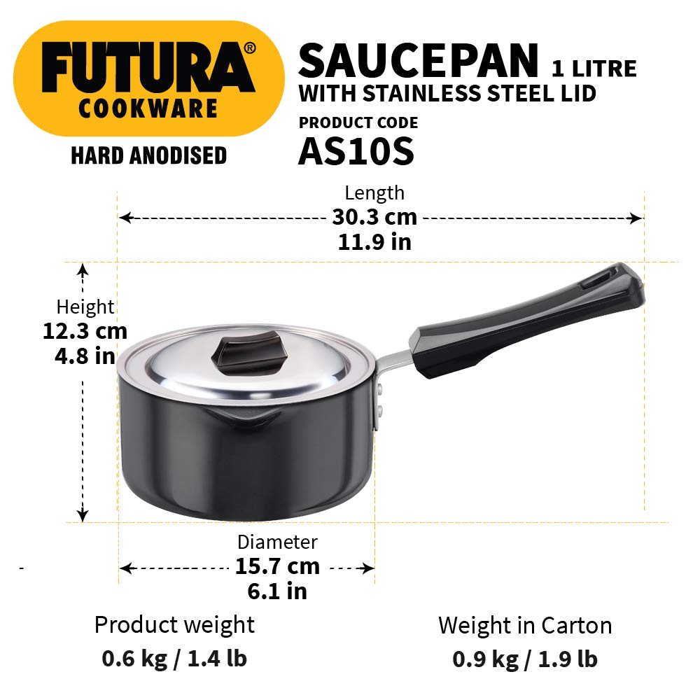Hawkins Futura Hard Anodised Sauce Pan With Stainless Steel Lid 1 Litre | 14cm, 3.25mm - AS 10S