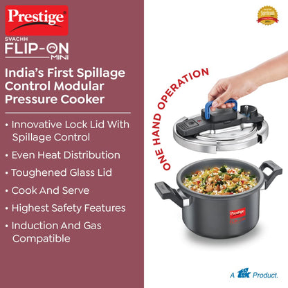 Prestige 3 Litres Svachh FLIP-ON Mini Hard Anodised Pressure Cooker with glass lid | Innovative lock lid with spillage control Induction compatible| 5 years warranty| Black - 20168