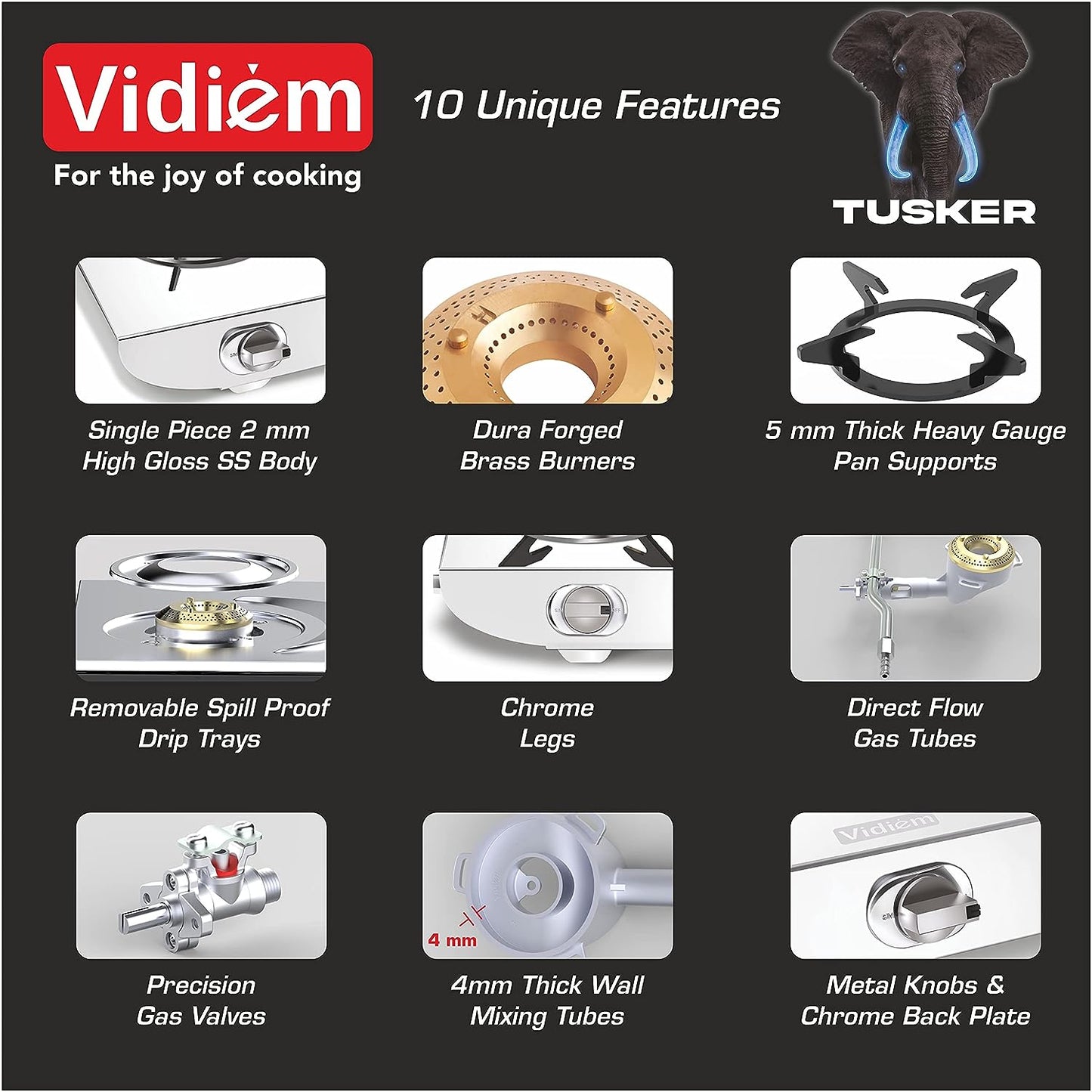 Vidiem Tusker Stainless Steel 3 Burner Glass Top Gas Stove | Manual Ignition