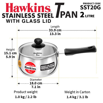 Hawkins 2 Litres Tpan With Glass Lid, Stainless Steel Tea Pan, Induction Base Sauce Pan, Chai Pan, Small Pan - SST20G