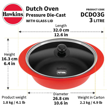 Hawkins Die-cast Nonstick Dutch Oven | Biryani Pot | Cooking Pot With Glass Lid 3 Litres, Red - DCDO3