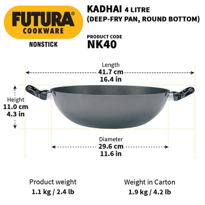 Hawkins Futura Non-stick Round Bottom Kadhai, Deep Fry Pan 4 Litres | 30 cms, 3.25mm - NK 40