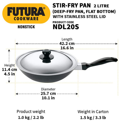 Hawkins Futura Non-stick Flat Bottom Deep Stir Fry Pan With Stainless Steel Lid 2 Litres | 26 cms, 3.25mm - NDL 20S