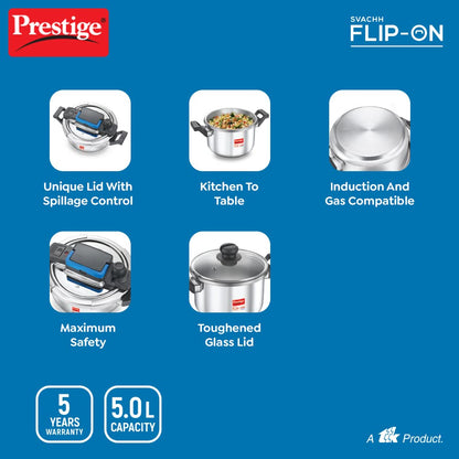 Prestige 5 Litres Svachh FLIP-ON Stainless Steel Tri-ply bottom Pressure Cooker with glass lid | Innovative lock lid with spillage control| Gas & Induction compatible| 5 years warranty - 20157