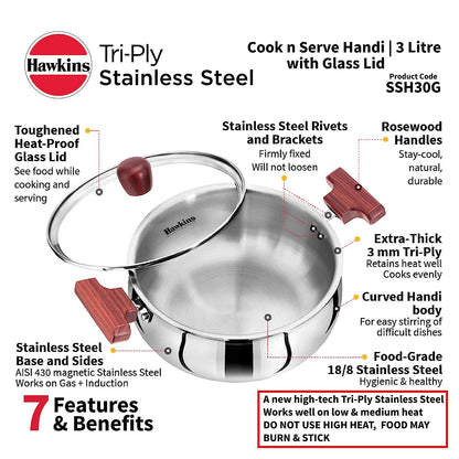 Hawkins Triply Stainless Steel Induction Base Cook n Serve Handi With Glass Lid 3 Litres | 22 cms - SSH 30G