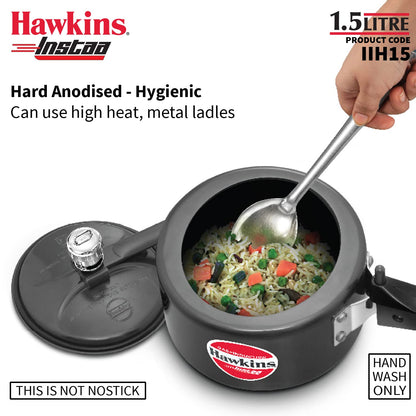 Hawkins Instaa 1.5 Litres Hard Anodised Pressure Cooker, Induction Base Inner Lid Cooker, Black - IIH15