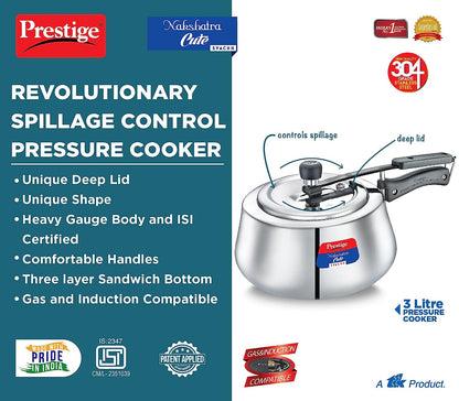 Prestige Nakshatra Cute Svachh Stainless Steel Inner Lid Pressure Cooker with Unique Deep Lid for Spillage Control, 3 Litres - 20148