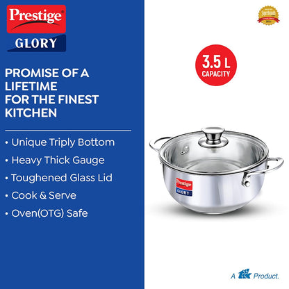 Prestige Glory Stainless Steel Cookware Kadai 22 cms | 3.5 Liters with Glass Lid - 37539