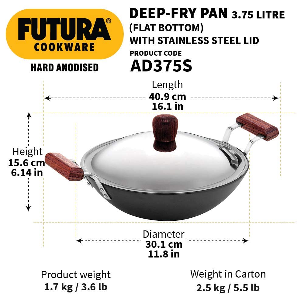 Hawkins Futura Hard Anodised Flat Bottom Deep Fry Pan With Stainless Steel Lid 3.75 Litres | 30 cms, 4.06mm - AD 375S