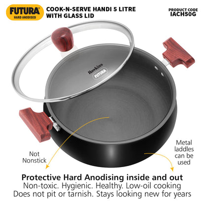 Hawkins Futura Hard Anodised Cook n Serve Handi With Glass Lid 5 Litres | 26cm, 3.25mm, Induction Base - IACH 50G