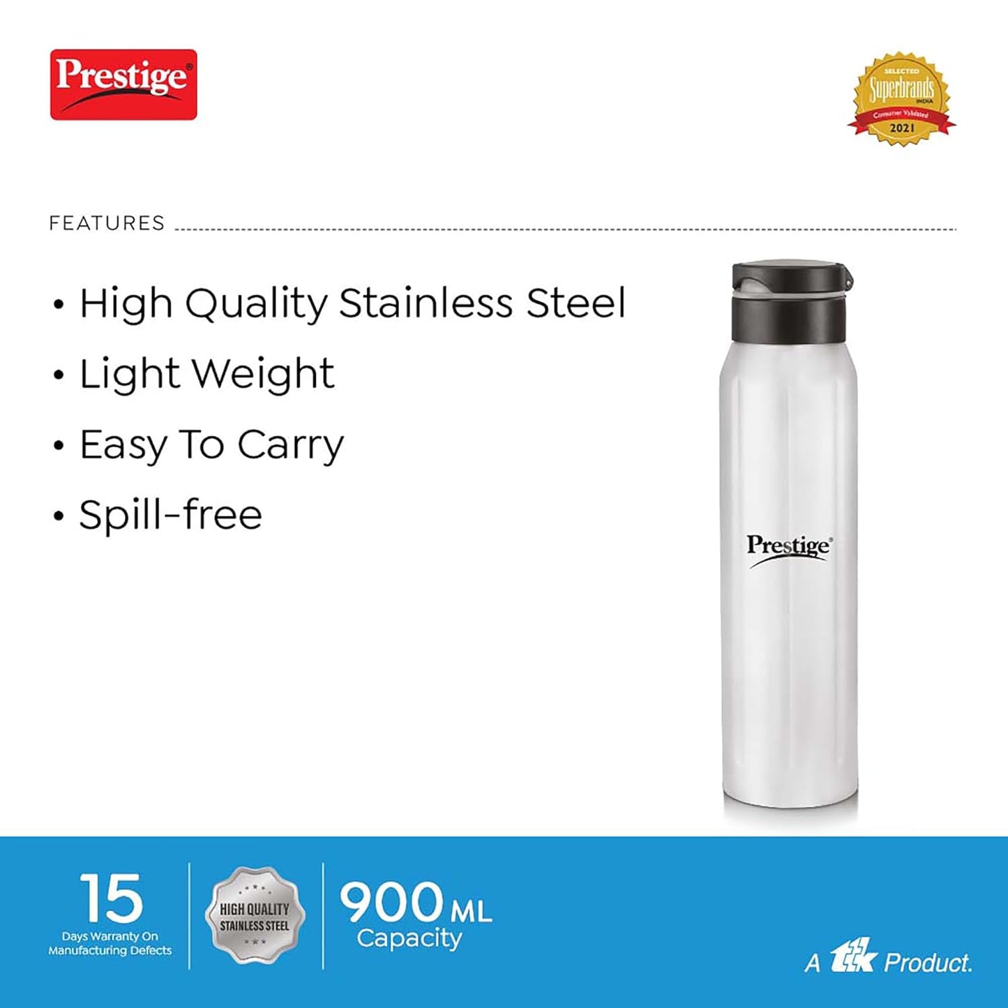 Prestige PSSB 05-SS Single Walled Stainless Steel Water Bottle 900ml - 42927