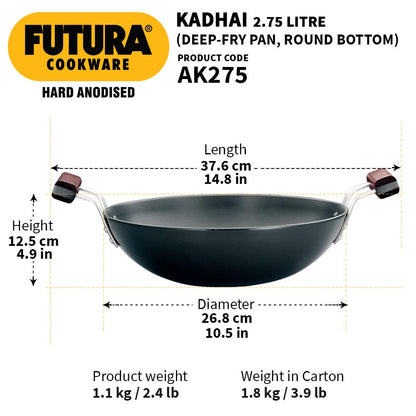 Hawkins Futura Hard Anodised Round Bottom Deep Fry Pan 2.75 Litres | 26 cms, 4.06mm - AK 275