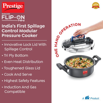 Prestige 2 Litres Svachh FLIP-ON Mini Hard Anodised Pressure Cooker with glass lid | Innovative lock lid with spillage control Induction compatible| 5 years warranty | Black - 20167