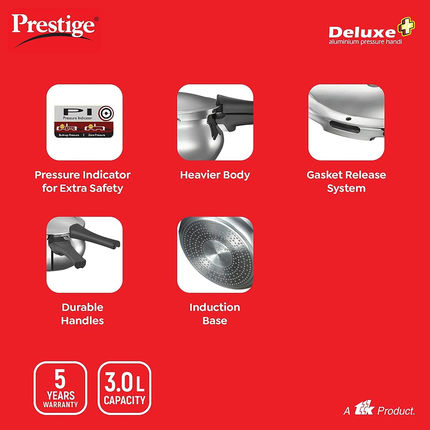 Prestige Deluxe Plus Induction Base Aluminium Outer Lid Pressure Handi, 3 Litres - 10793