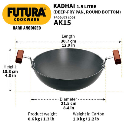 Hawkins Futura Hard Anodised Round Bottom Deep Fry Pan 1.5 Litres | 22 cms, 3.25mm - AK 15