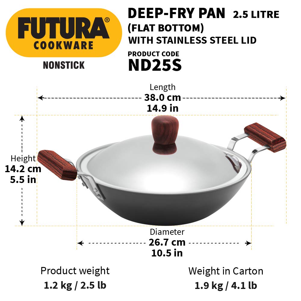 Hawkins Futura Non-stick Flat Bottom Deep Fry Pan With Stainless Steel Lid 2 Litres | 26 cms, 3.25mm - ND 25S