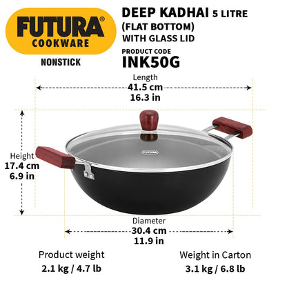 Hawkins Futura Non-stick Flat Bottom Deep Kadhai, Fry Pan With Glass Lid 5 Litres | 30 cms, 3.25mm, Induction Base - INK 50G