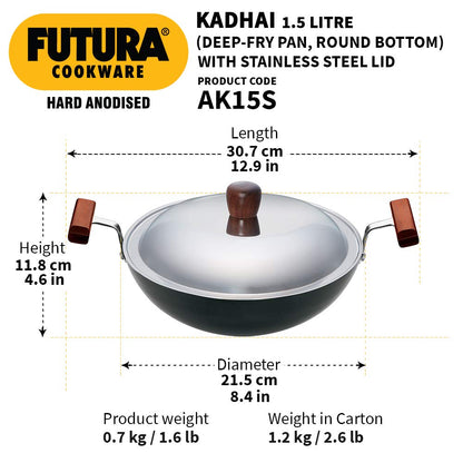 Hawkins Futura Hard Anodised Round Bottom Deep Fry Pan With Stainless Steel Lid 1.5 Litres | 22 cms, 3.25mm - AK 15S