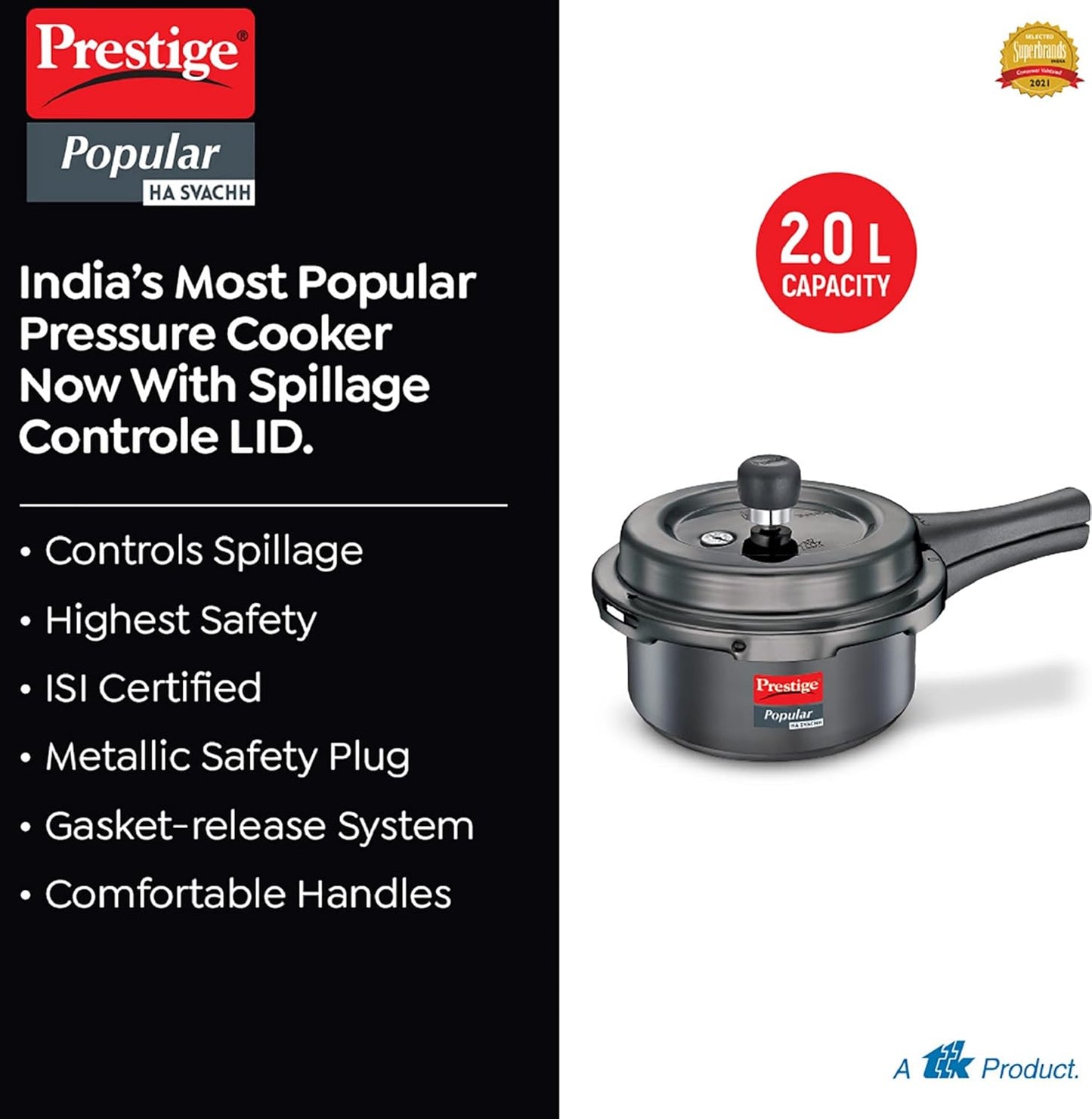 Prestige Popular Svachh Hard Anodised Pressure Cooker 2.0 Litres, Black, Deep Lid-Controls Spillage - 20334