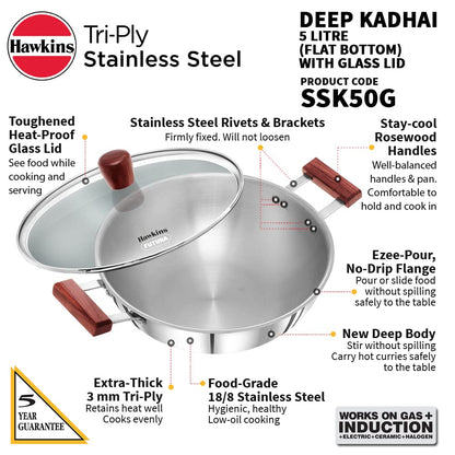 Hawkins Triply Stainless Steel Deep Kadhai 5 Litres | 30cms, Flat Bottom Induction Base - SSK 50G