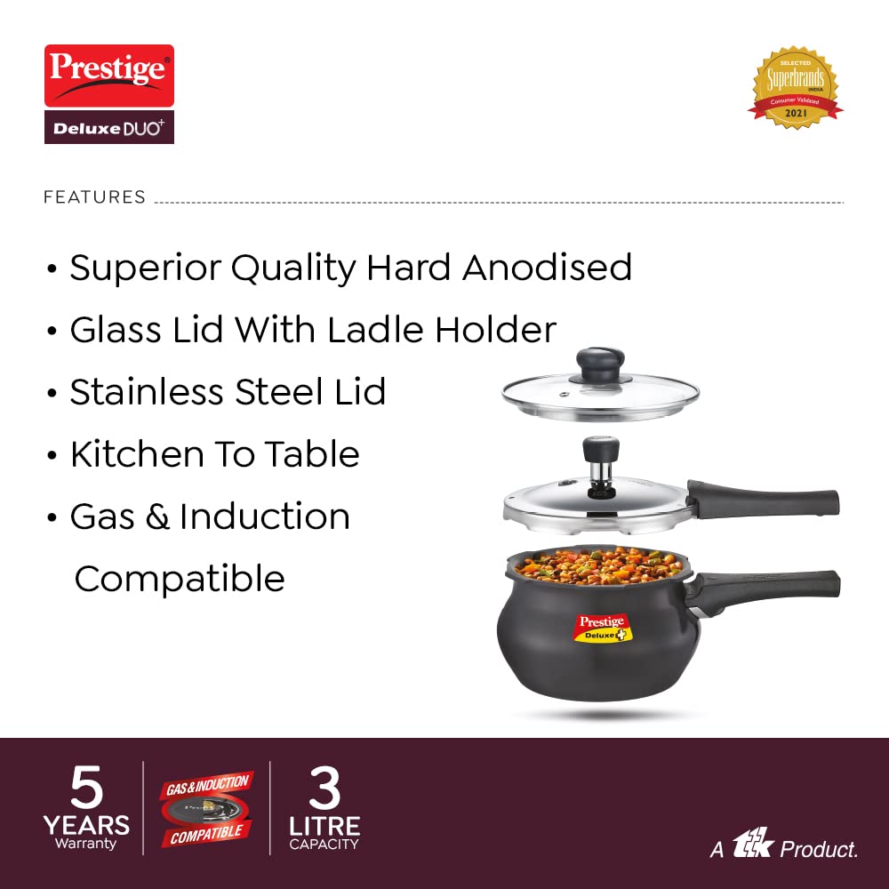 Prestige Deluxe Duo Plus Hard Anodised Outer Lid Handi Pressure Cooker With Stainless Steel Lid & Glass Lid 3 Litres - 20144