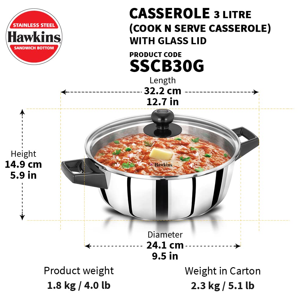 Hawkins 3 Litres Stainless Steel Sandwich Bottom Cook n Serve Casserole with Glass Lid 24cm - SSCB30G