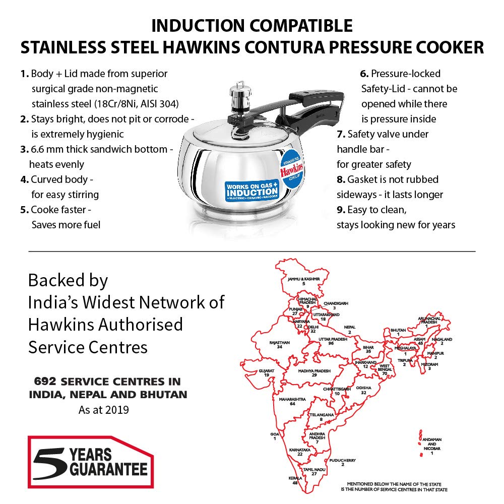 Hawkins Stainless Steel Contura Induction Compatible Inner Lid Pressure Cooker, 1.5 Litres - SSC15