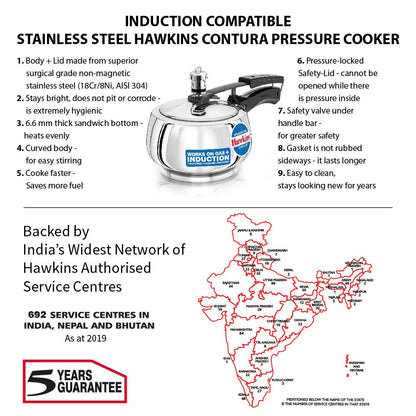 Hawkins Stainless Steel Contura Induction Compatible Inner Lid Pressure Cooker, 1.5 Litres - SSC15