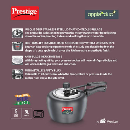 Prestige Apple DUO Plus Svachh Hard Anodised Inner Lid Pressure Cooker, 3.0 Litres, Black - 20263