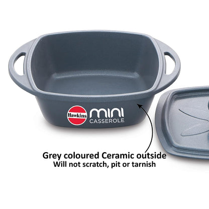 Hawkins Die-Cast Mini Casserole With Lid 0.75 Litres, Square Shaped Die-Cast pan for Cooking, Reheating, Serving and Storing, Grey - MCSG75