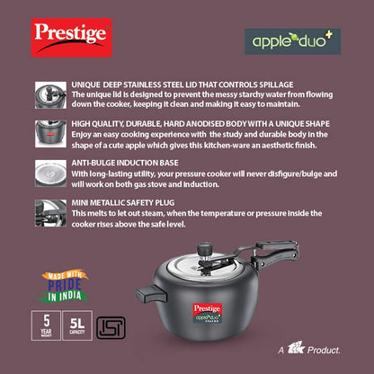 Prestige Apple DUO Plus Svachh Hard Anodised Inner Lid Pressure Cooker, 5.0 Litres (Black) - 20264