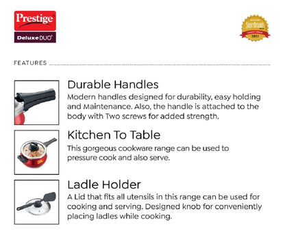 Prestige Deluxe Duo Plus Induction Base Aluminum Pressure Cooker, 1.5 Litres, Silky Red - 10722