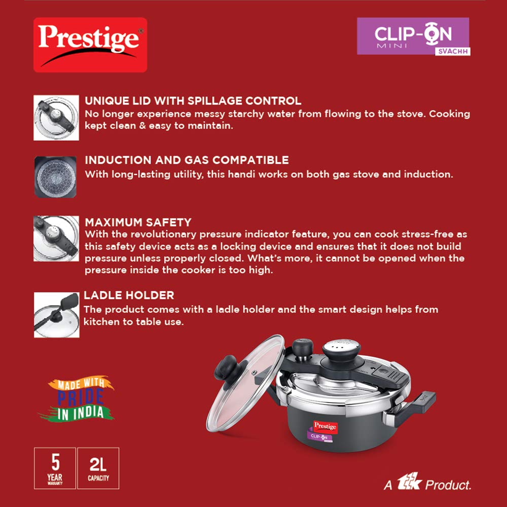 Prestige Svachh Clip-on Mini Hard Anodized Aluminium Outer Lid 2 Litre Pressure Cooker - 20239