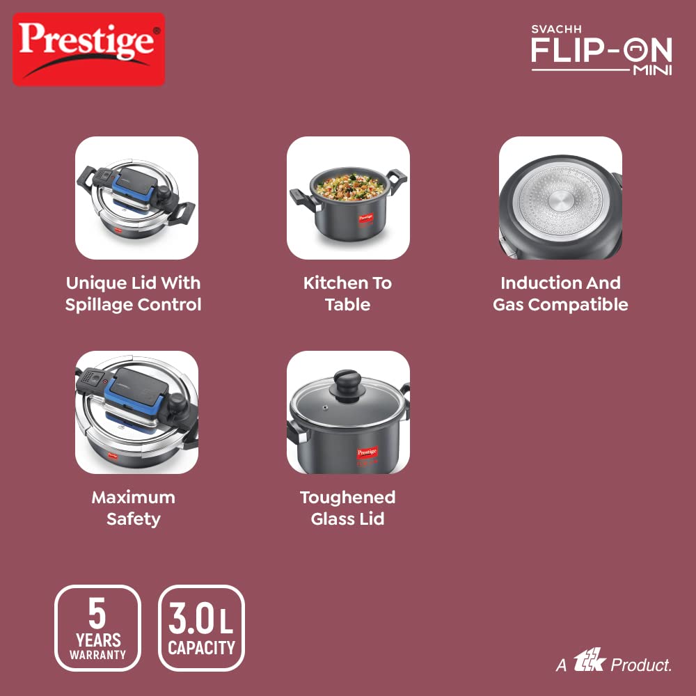 Prestige 3 Litres Svachh FLIP-ON Mini Hard Anodised Pressure Cooker with glass lid | Innovative lock lid with spillage control Induction compatible| 5 years warranty| Black - 20168