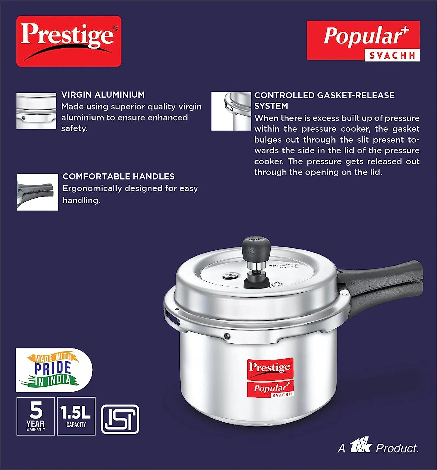 Prestige Popular Plus Svachh Virgin Aluminium Gas and Induction Compatible Outer Lid Pressure Cooker 1.5 Litres - 10168