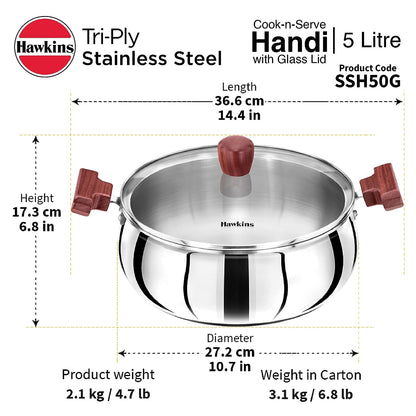 Hawkins Triply Stainless Steel Induction Base Cook n Serve Handi With Glass Lid 5 Litres | 26 cms - SSH 50G