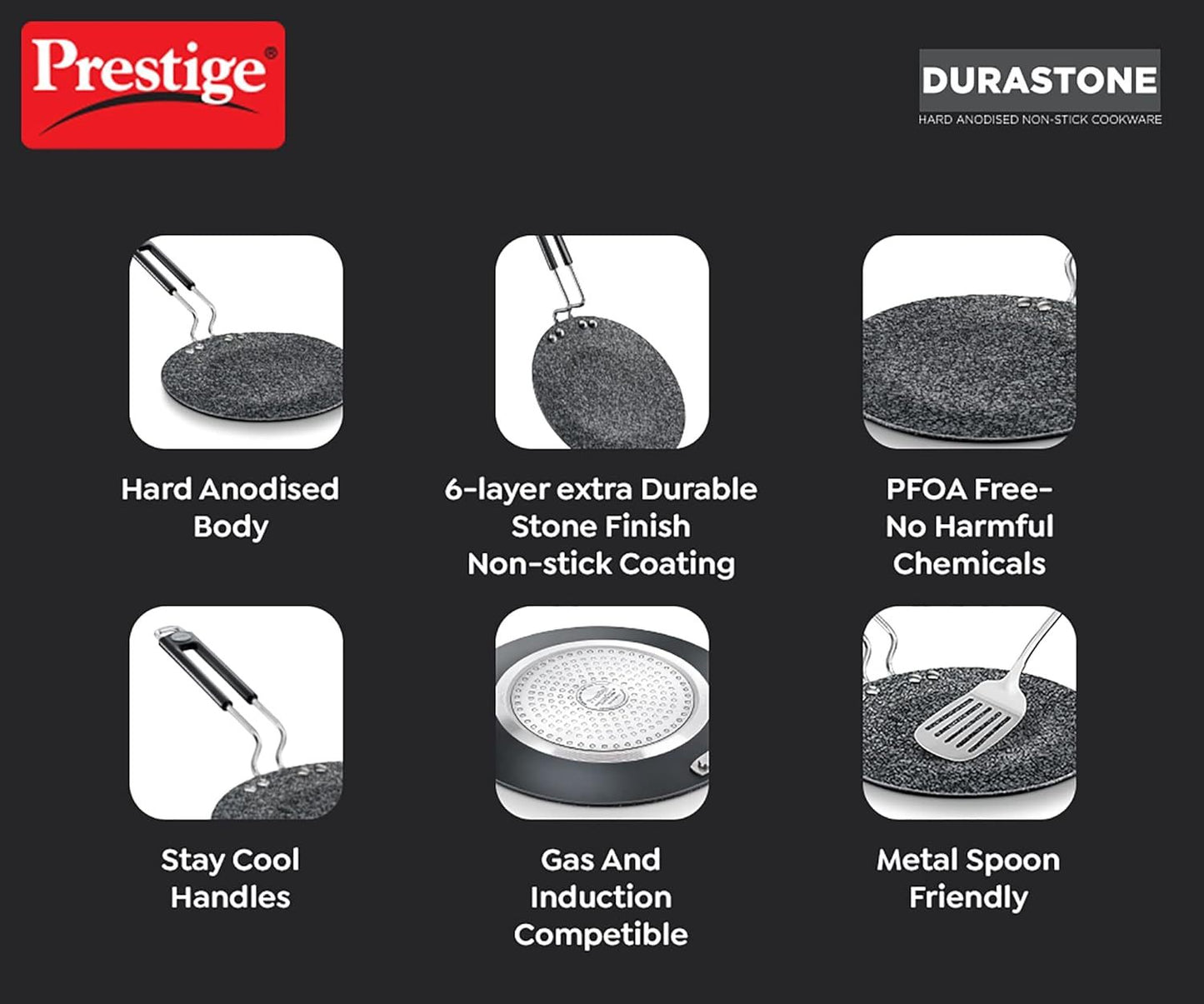 Prestige Durastone Hard Anodised Non-Stick Concave Omni tawa | 6 Layers Extra Durable Stone Coating | Stainless Steel Cool Touch Handle s| Induction Compatible