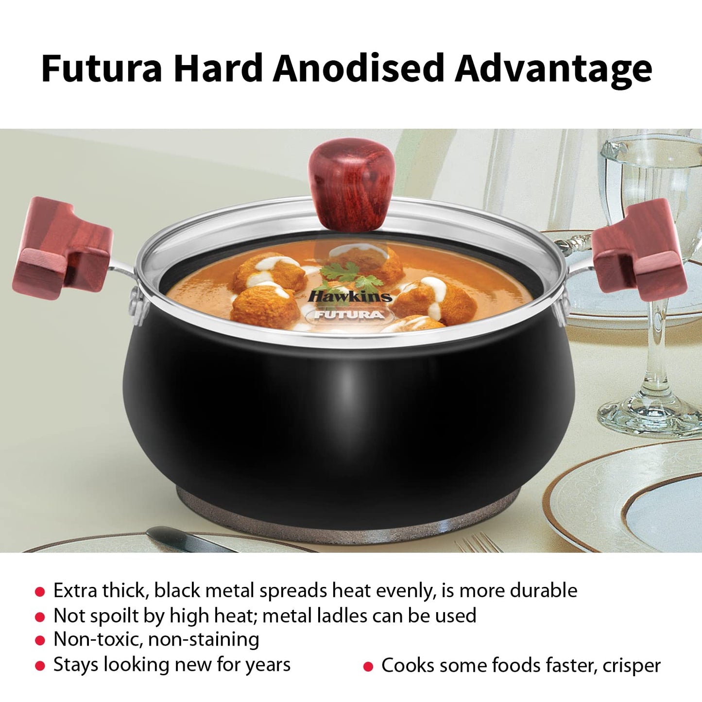 Hawkins Futura Hard Anodised Cook n Serve Handi With Glass Lid 4 Litres | 22cm, 3.25mm, Induction Base - IACH 40G