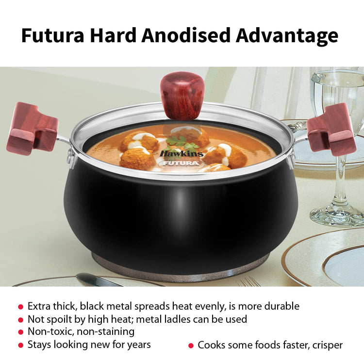 Hawkins Futura Hard Anodised Cook n Serve Handi With Glass Lid 4 Litres | 22cm, 3.25mm, Induction Base - IACH 40G