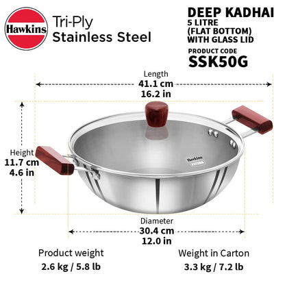 Hawkins Triply Stainless Steel Deep Kadhai 5 Litres | 30cms, Flat Bottom Induction Base - SSK 50G