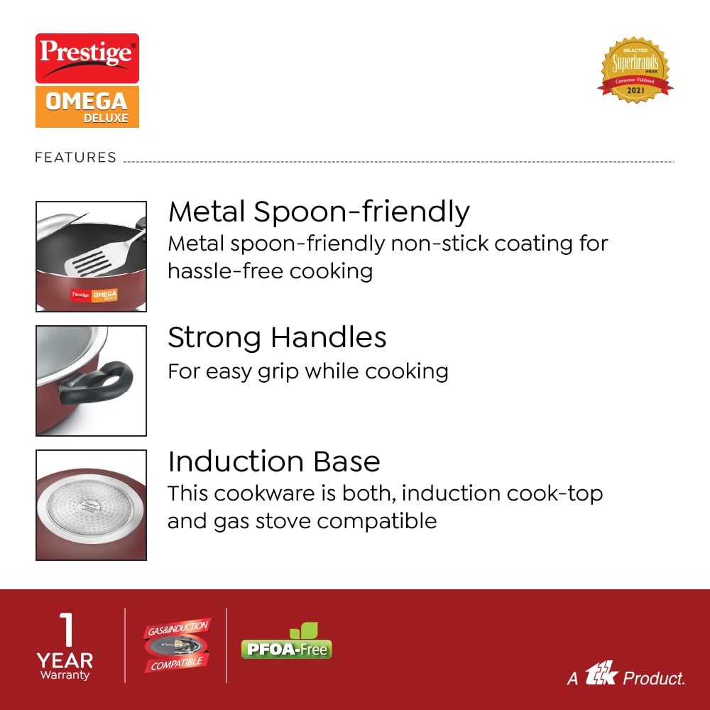 Prestige Omega Deluxe Induction Base Non-Stick Aluminium Kadhai With Stainless Lid Red 280mm - 37459