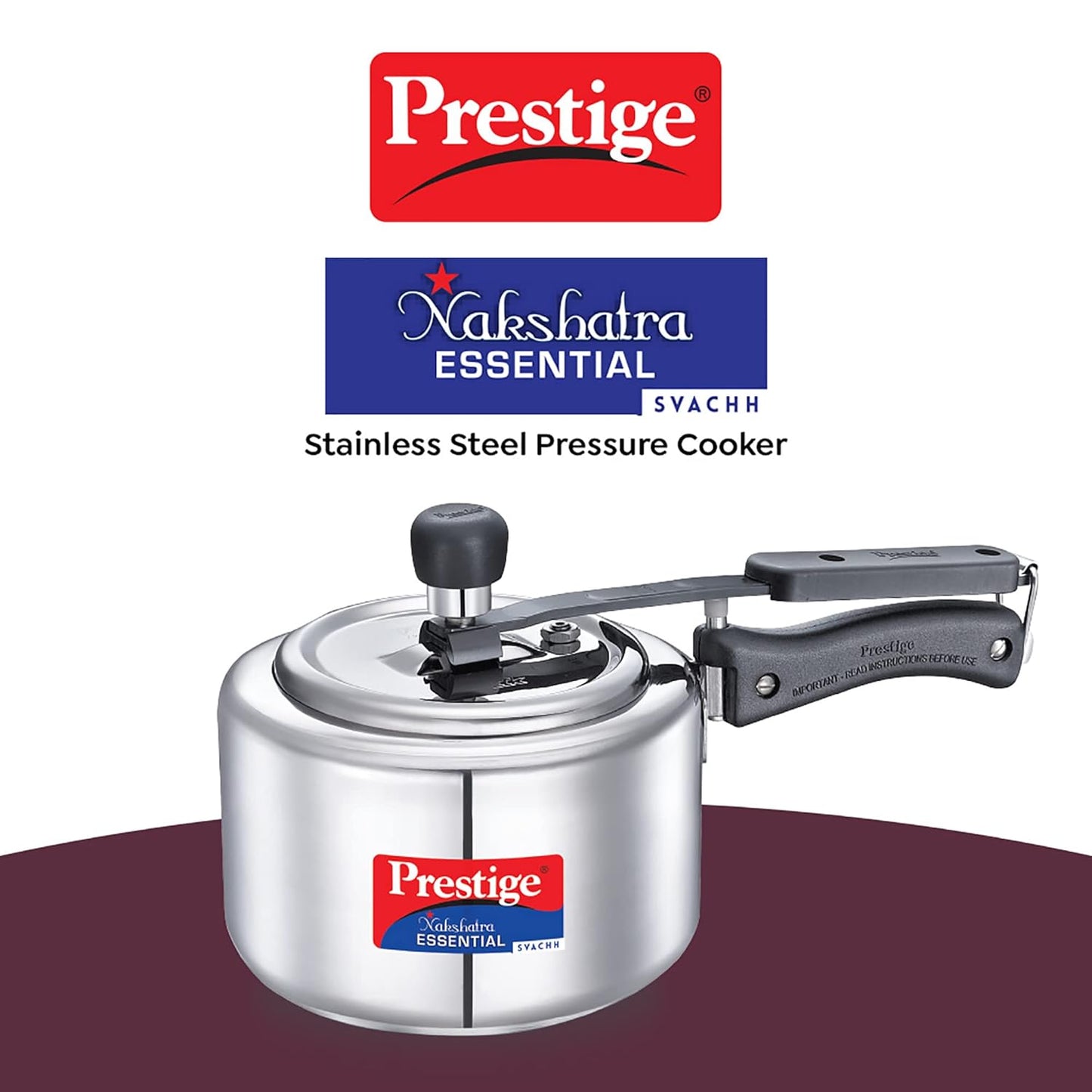 Prestige Nakshatra Essential Svachh Stainless Steel Pressure Cookers 2 Litres, Silver, Tri-Ply Bottom, Inner Lid - 20536