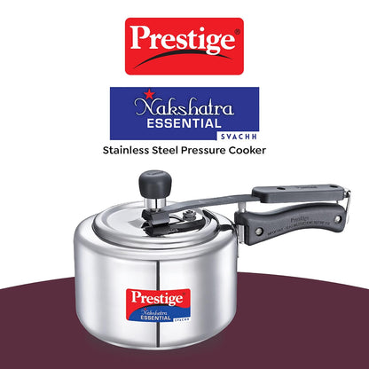 Prestige Nakshatra Essential Svachh Stainless Steel Pressure Cookers 2 Litres, Silver, Tri-Ply Bottom, Inner Lid - 20536