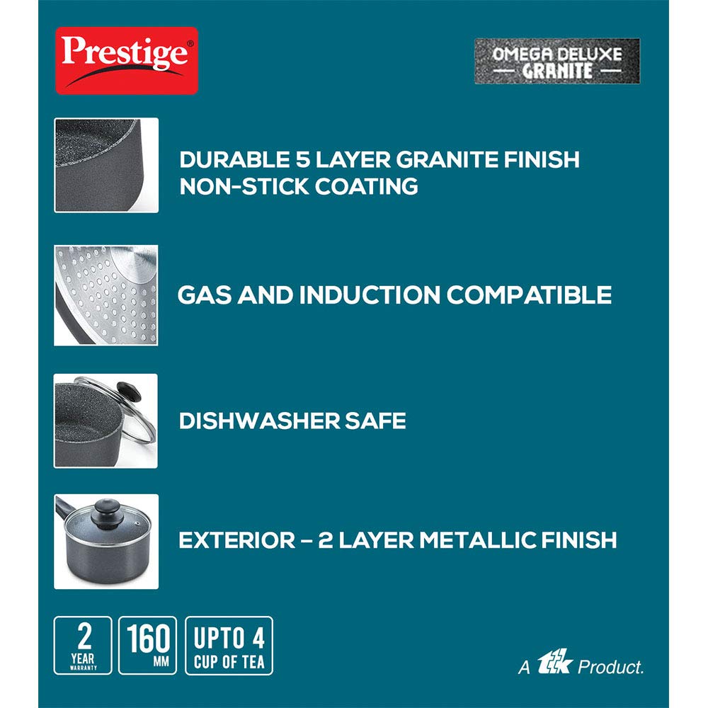 Prestige Omega Deluxe Granite Non-stick Milk Pan with Lid, 16cms - 36314