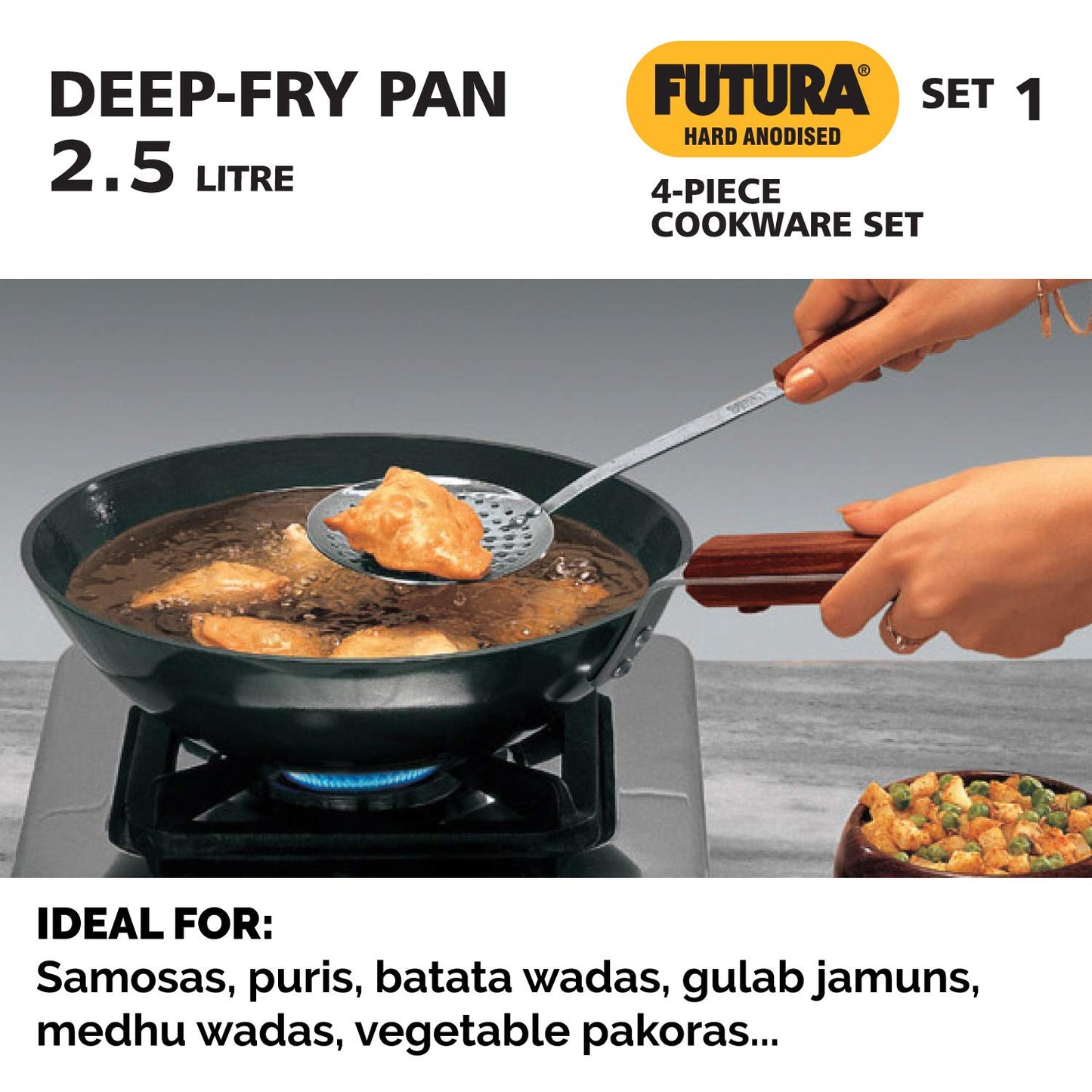 Hawkins Futura 4 Pieces Hard Anodised Cookware Set 1 - 26cm Tava, 22cm Frying Pan, 2.5 Litres Deep Fry Pan and 3 Litres Cook-n-Serve Bowl and One Hard Anodised Lid -ASET1